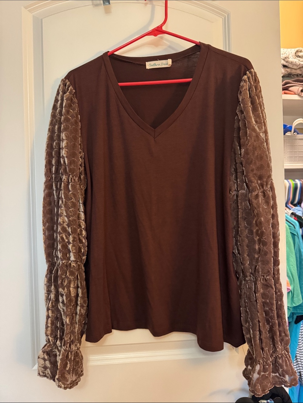 Southern Grace Chocolate Brown V-Neck Top with Velvet Bishop Sleeves